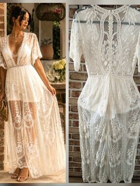 HONEY PUNCH Embroidered IVORY Sheer FLORAL LACE Maxi DRESS Boho Womens Size S